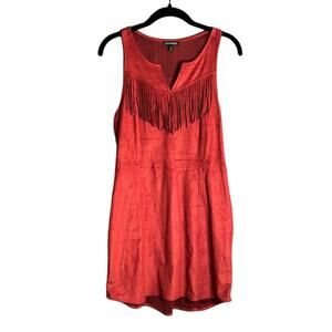 Express Red Sleeveless Faux Suede Dress With Fringe Detail Size Small